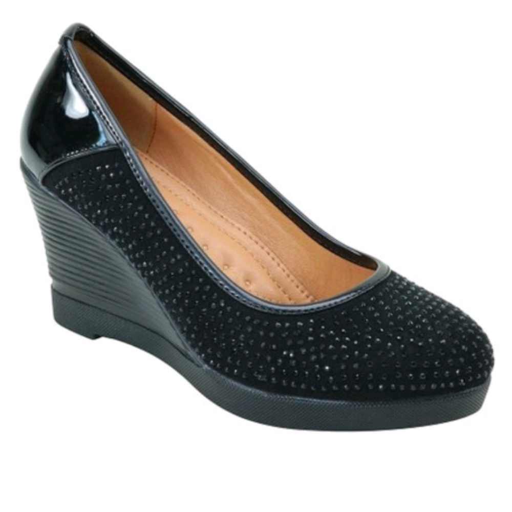 Black embellished wedge pump